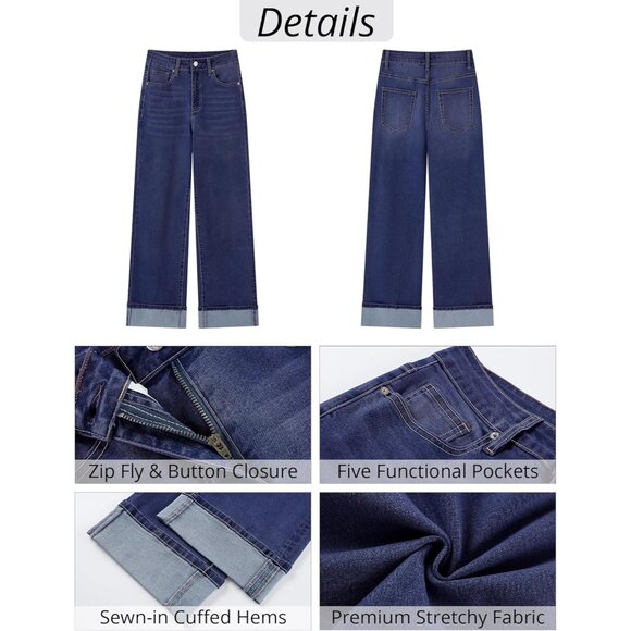 Wide Leg Denim Jeans Women High Waisted Cuffed Stretchy Casual Pants - Picture 6 of 6